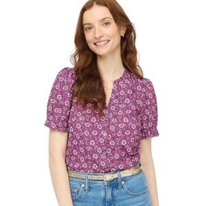 J Crew Factory Large Floral Print Puff-sleeve Blouse Purple NWT